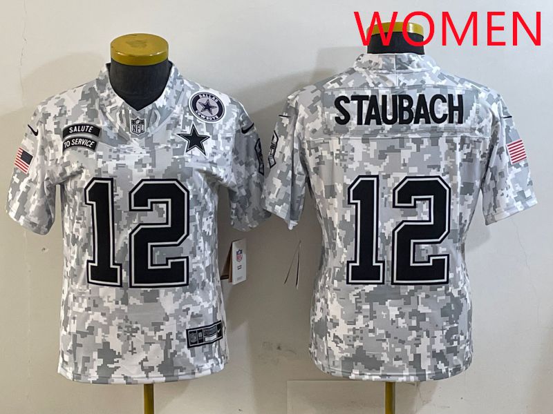 Women Dallas Cowboys 12 Staubach Camo Nike Olive Salute To Service Limited NFL Jersey style 2